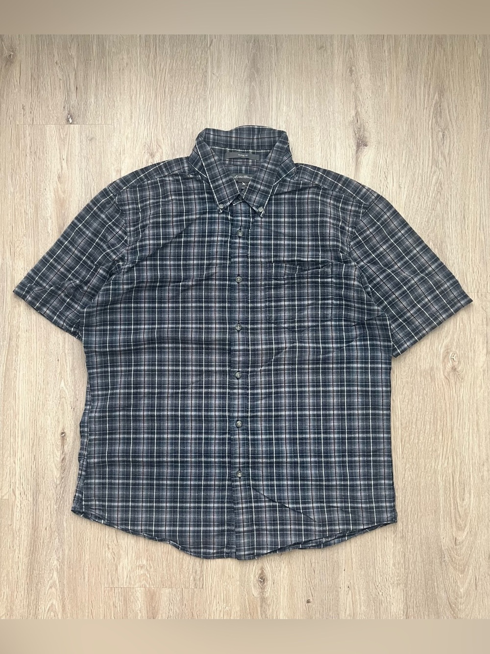 Eddie Bauer Textured Knit Button Down Shirt Mens Large Blue Short Sleeve Classic